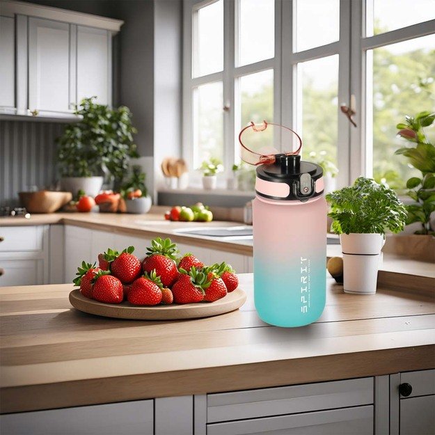 Vandens butelis bidonas su šiaudeliu ir rankena sportinis 600 ml rožinės-mėlynos spalvos 8