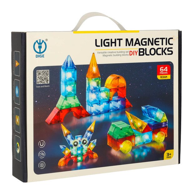 3D konstrukcinės magnetinės plytos LED šviečiančios 64 vnt.