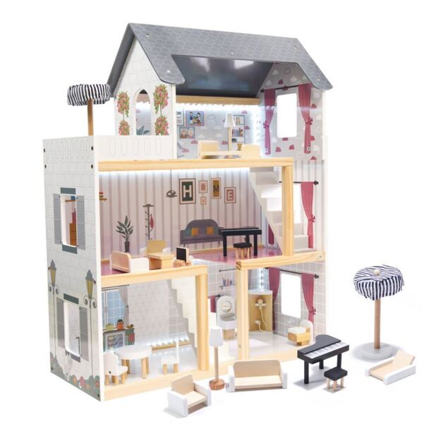 Wooden dollhouse with furniture and LED lighting 78 cm