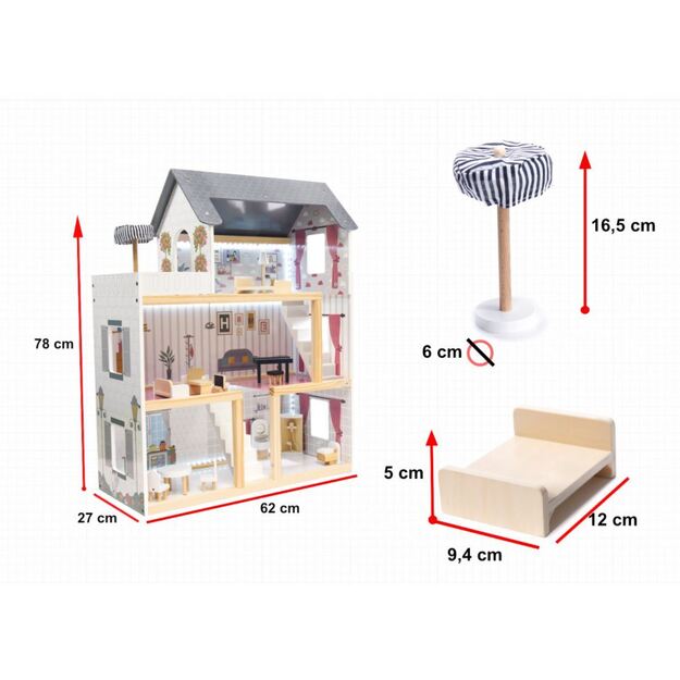 Wooden dollhouse with furniture and LED lighting 78 cm