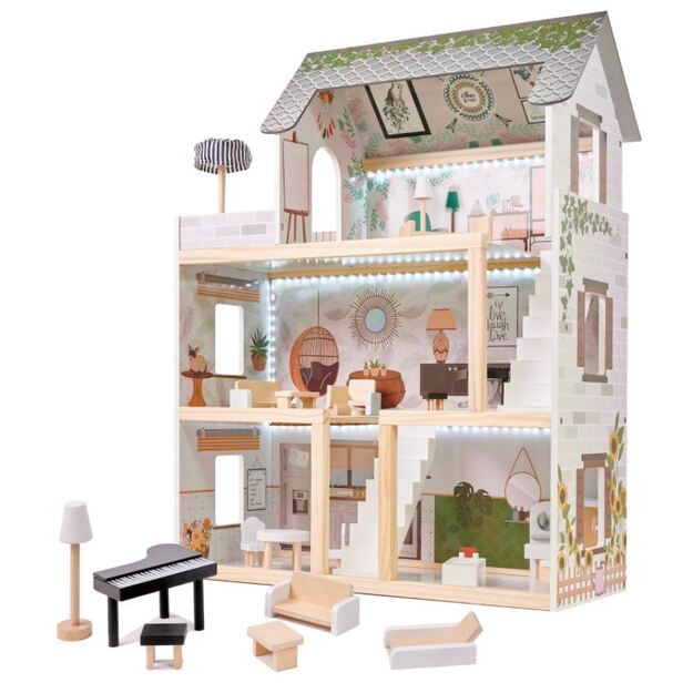 Wooden dollhouse with furniture and LED lighting 78 cm BOHO