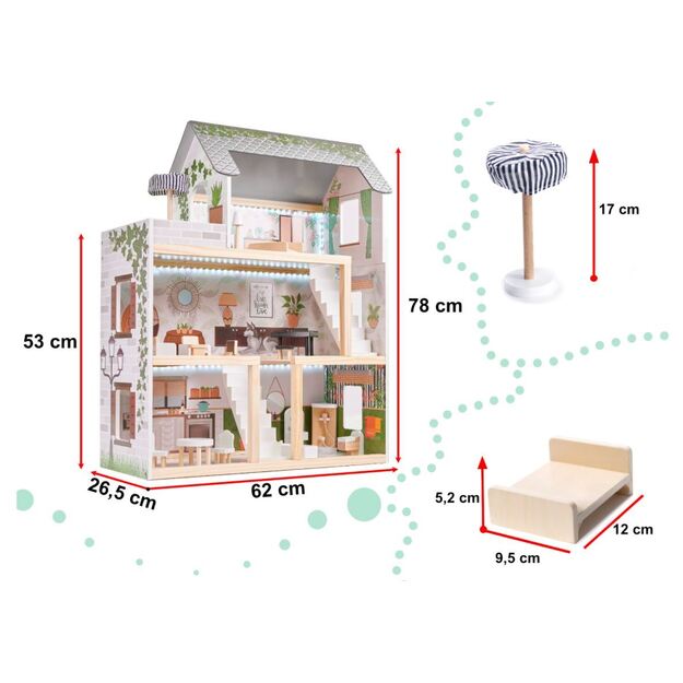 Wooden dollhouse with furniture and LED lighting 78 cm BOHO