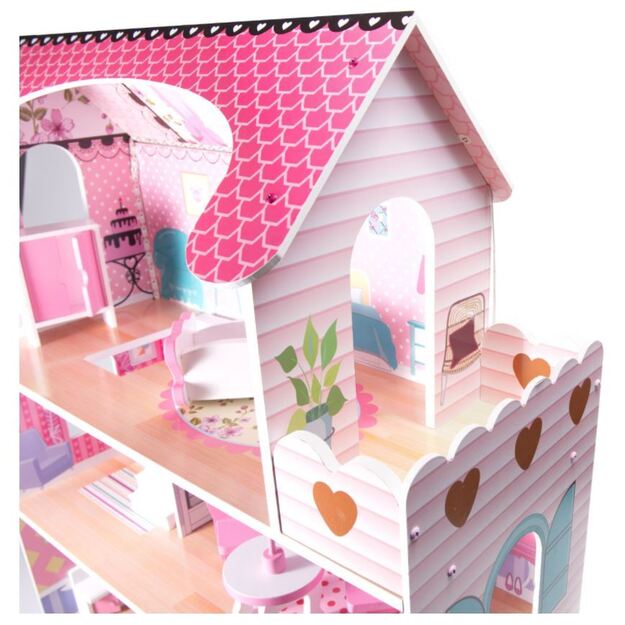 Wooden dollhouse with furniture and LED lighting 70 cm