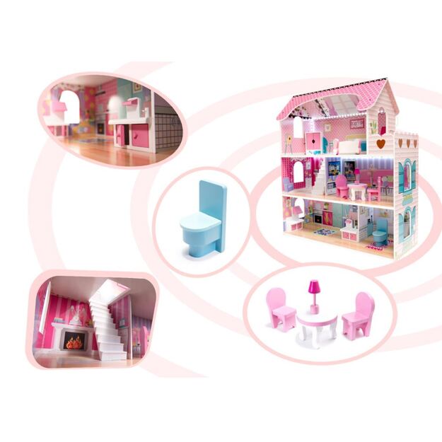Wooden dollhouse with furniture and LED lighting 70 cm