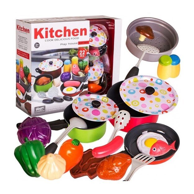 Vaikiškas virtuvės indų rinkinys su produktais 22 dalių