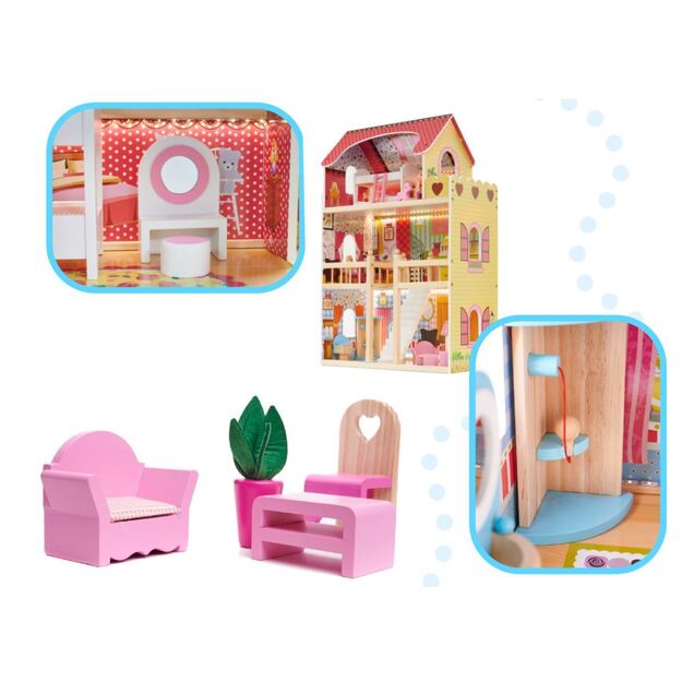 Wooden dollhouse with furniture and LED lighting 90 cm