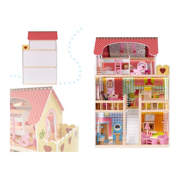 Wooden dollhouse with furniture and LED lighting 90 cm