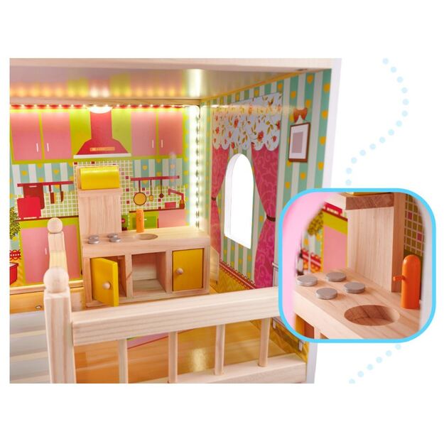 Medinis lėlių namelis su baldais ir LED apšvietimu 90 cm
