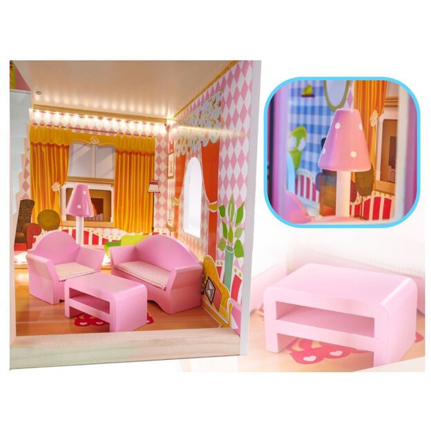 Medinis lėlių namelis su baldais ir LED apšvietimu 90 cm