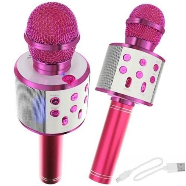 Karaokė mikrofonas - kolonėlė su balso keitimo efektais (rožinis)