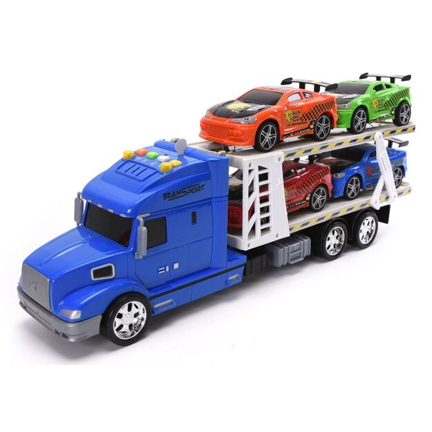 Sunkvežimis tralas su 4 automobiliais (mėlynas)