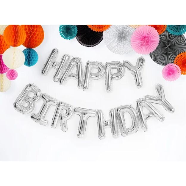 Folinių balionų rinkinys - Happy Birthday (sidabrinis 35 cm)