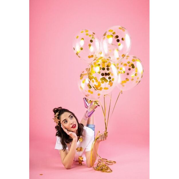 Transparent balloons with golden confetti inside 30 cm (6 pcs.)