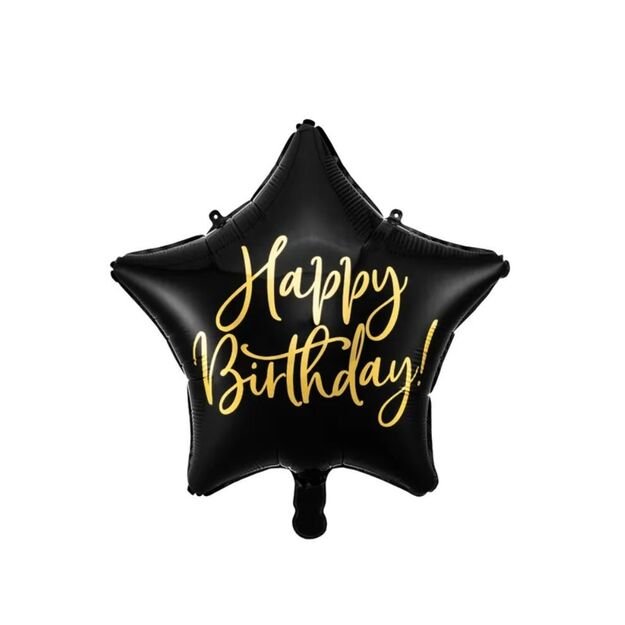 Folinis balionas žvaigždė "Happy Birthday" (juodas) 40 cm.