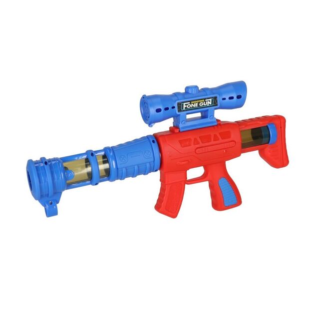 A toy gun that shoots soft balls at a target