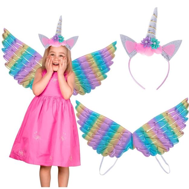 Karnavalinis vienaragio kostiumas mergaitei (sparnai ir galvos lankelis)