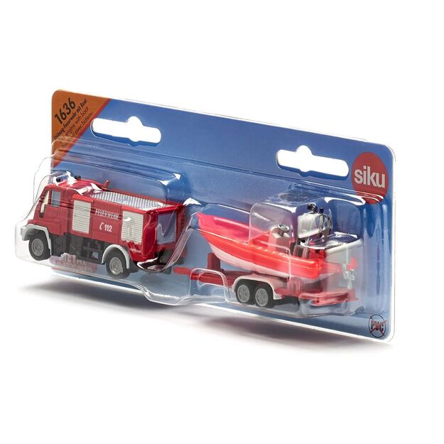 Metal fire truck with trailer and boat SIKU 1636