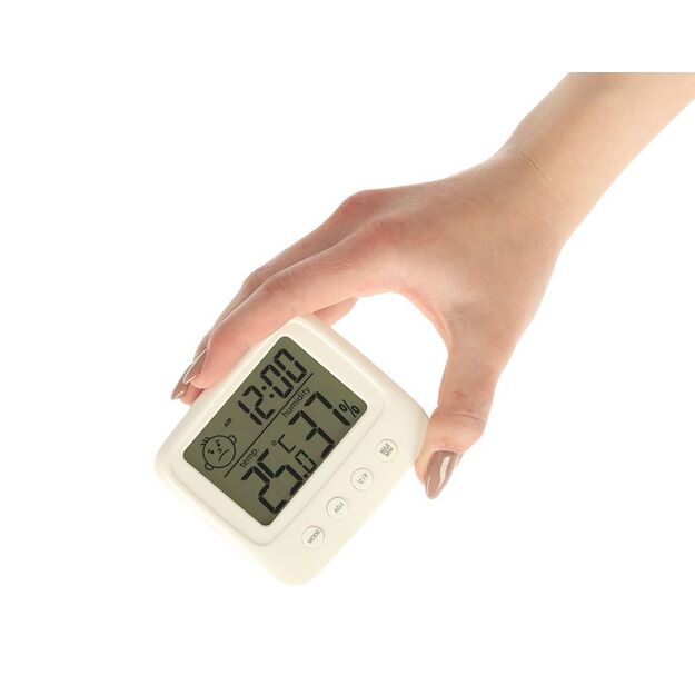 Kambario drėgmės ir šilumos matavimo termometras su laikrodžiu